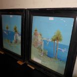 A pair of early C20th gouache Arabian landscape scenes of figures by a body of water, signed K.
