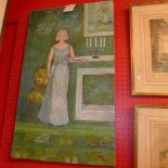 A C20th unframed oil on canvas of a lady in a blue dress waiting in a drawing room signed bottom