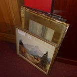 Two early C20th watercolours landscape studies and two glazed and framed prints