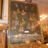 A hand painted Indian silkwork panel of large size featuring eleven figures in a gilt faux bamboo