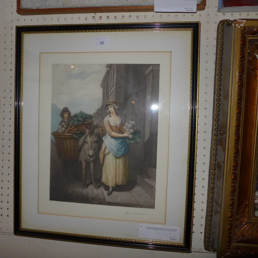 A coloured engraving signed Thomas G. Appleton in pencil and a glazed and framed French print