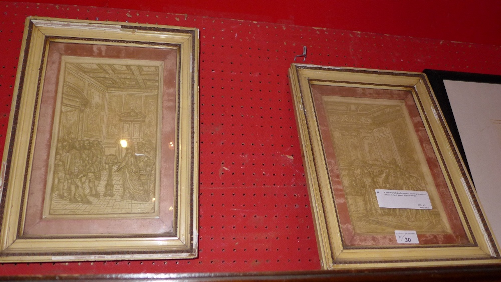 A pair of C19th plaster panels, depicting courtroom scenes in relief glazed and framed (af)