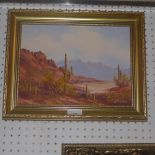 An oil on canvas by John Loo, Arizona dessert scene in a gilt frame