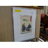A framed Japanese woodblock print of a theatrical scene ''Hanachirusato'' by Kunisada II