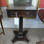 A C19th inlaid mahogany pedestal work table with frieze drawer on quatrefoil base