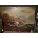 An oil on canvas sailing ship in stormy sea