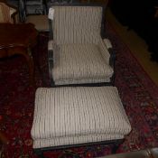 A large armchair upholstered in striped fabric W 70 D 70 H 92 cm and matching stool on fluted