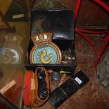 A miscellaneous collection including C17th brass candlestick, apothecary bottle, travelling flask,