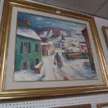 An oil on canvas winter snow village scene by Luxembourgian artist Will Kesseler in a gilt frame