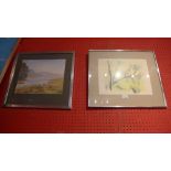 A watercolour lakeside landscape with mountains in the distance and a glazed and framed pencil study