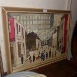 An oil on board naive painting of a street scene in the style of Lowry 'October  Morn' by Robert