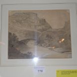 A C19th graphite and sepia wash attributed to John Sell Cotman of a landscape with bridge over a