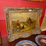 An oil on board Highland Scene with gamekeepers and thier gun dogs in an ornate giltwood frame