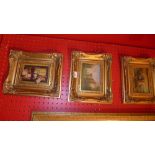 Three gilt framed oils on board, one Venetian scene, a still life and an Arabian scene with warriors