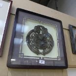 A bronzed Chinese style plaque within ebonised frame