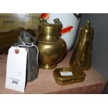 A C17th Dutch pewter weight, Dutch brass weight, brass tobacco box and brass coffee pot