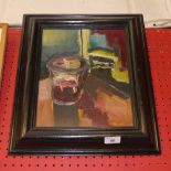 A modernist oil on panel still life by Patricia Martinelli dated 1993 ebonised frame