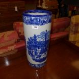 A blue and white porcelain umbrella stand