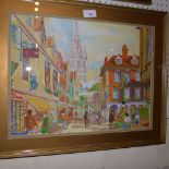 A brightly coloured gouache town scene in a gilded frame