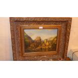 An oil panel landscape of a town scene by a river with a ruined castle  the background signed Robert