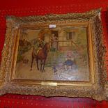 A Victorian oil on canvas ' Village Gossip ' by W . R. Edwards signed and in a gilded frame (A/F)