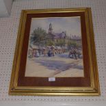A Continental watercolour village market scene with chapel in the back ground in giltwood frame