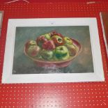 An oil on board of apples in a fruitbowl signed bottom left in painted frame