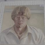 An unframed oil on canvas portrait in the manner of Lucian Freud