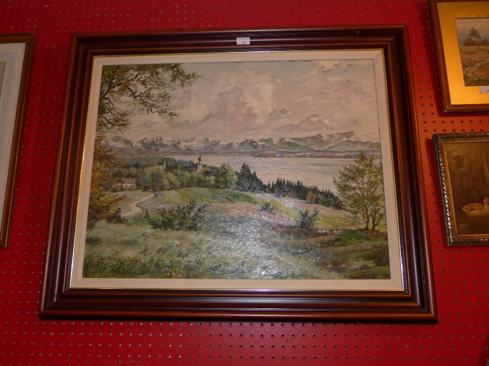 An oil on board landscape lakeside scene signed indistictly