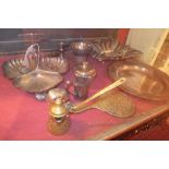 A collection of silver plated and metalware items including a Christofle dish an ornate basket