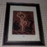 A Pablo Picasso  print after a lino cut of figures glazed and framed
