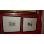 A pair of miniature engravings of Islington 'Queens Head Public House' and 'Thatched House' glazed