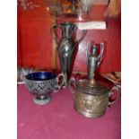 An Art Nouveau pewter twin handled vase together with a WMF silver plated vase a Continental Art