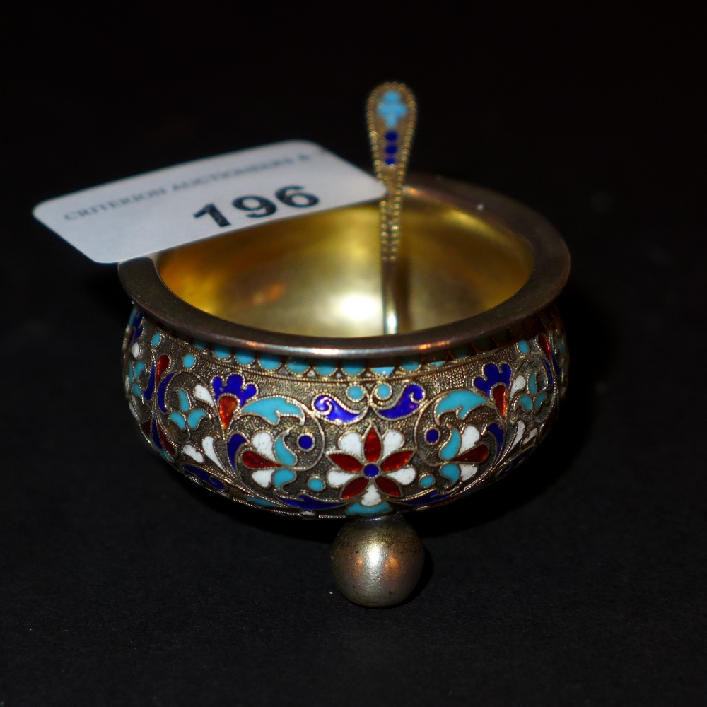 A C1890 hallmarked Russian silver and cloisonne salt 840 standard in Moscow makers mark GK by Gustav