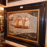 A glazed and framed gouache on paper of a ship at sea in ebonised frame