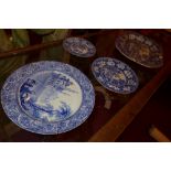 A large C19th Rogers blue and white Elephant pattern meat platter together with two plates in the