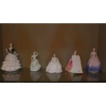 A collection of five figurines of ladies including a Royal Doulton figure 'Debbie' (two A/F)
