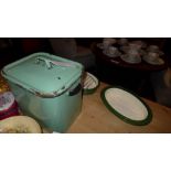 A green vintage enamelled bread bin, together with a similar rectangular enamelled container and