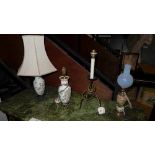 A pair of Oriental table lamps, onyx table lamp and wrought iron table lamp