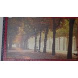 A large framed print of a cafe' exterior scene, a photographic print of a tree-lined avenue and