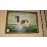 An oil on canvas portrait of a spaniel in gilded frame