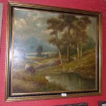 An oil on canvas mountainous landscape with cattle in the fore signed lower right