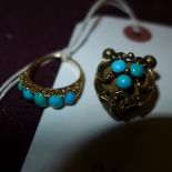An 18ct gold turquoise inset ring and a similar brooch appro 10.3 grm inc stones