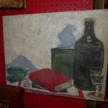 An oil on canvas cubist style still life bottle, novel and ashtray