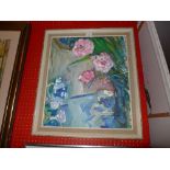 A contemporary oil on board of a blue teapot and roses by O. R. Rey signed and dated 14 details to