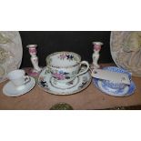A Minton porcelain oversized tea cup and saucer, pair dwarf candlestick and others