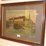 A naive oil on paper of Falkenham Mill in Norfolk glazed and in oak frame
