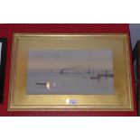 A C19th watercolour by Edward Fahey harbour scene at dusk glazed and framed with details verso