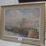 A mid C20th English impressionist oil on board harbour scene with figures looking on a gilt and