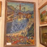 A C20th Russian oil on canvas landscape study of construction of an oil rig (details in cyrillic